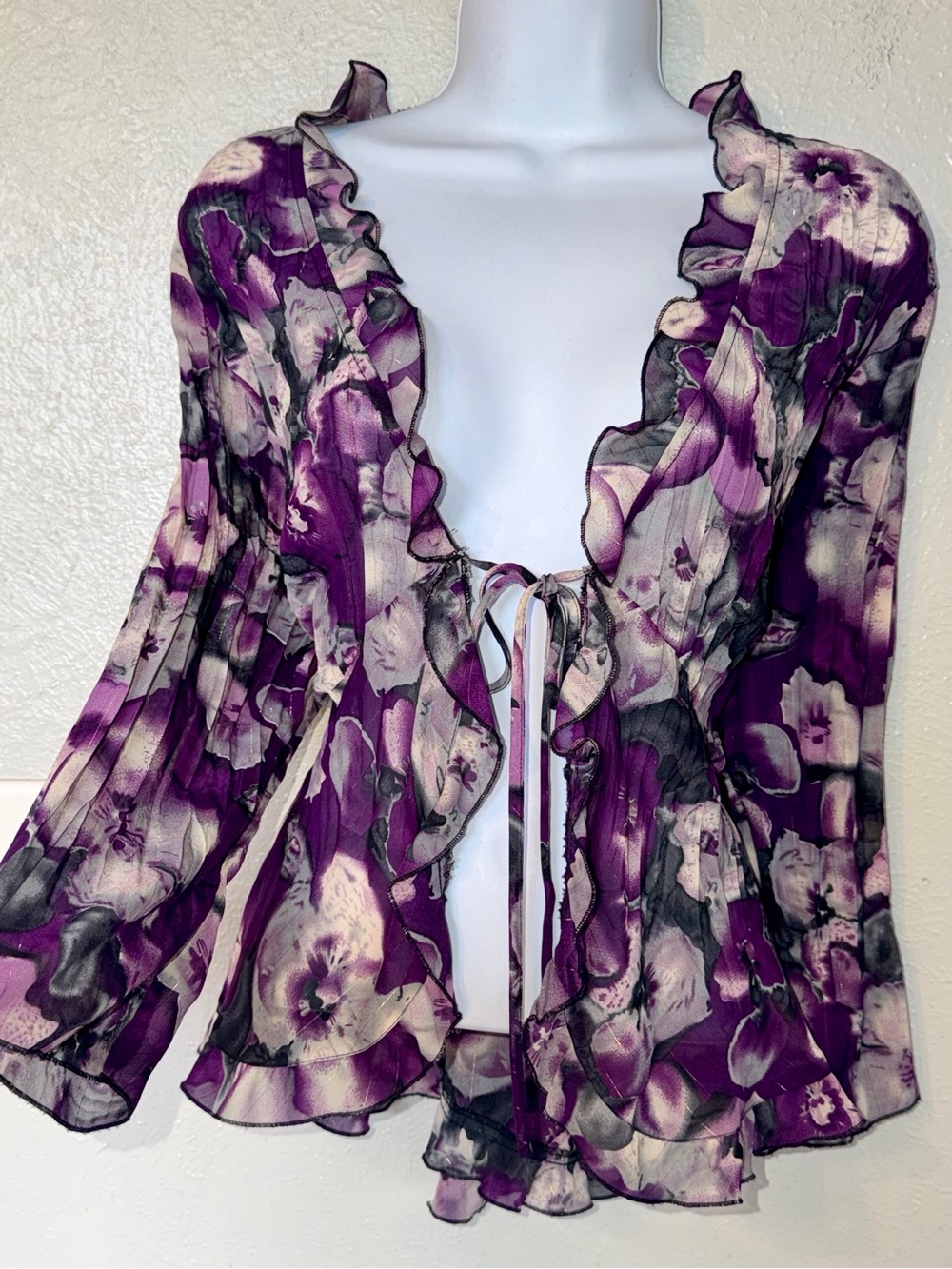Vintage Notations Purple Floral Tie Front Ruffle Y2K Cardigan Sheer Top Sz L